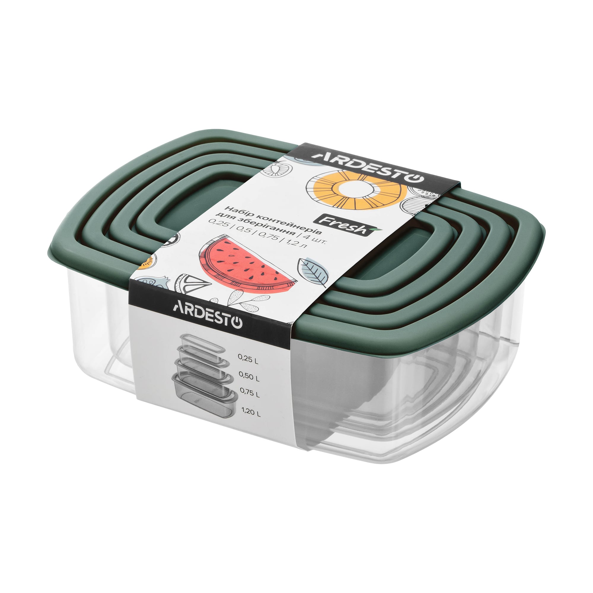 Набір контейнерів для зберігання харчових продуктів Ardesto Fresh прямокутні, зелені (250 мл + 500 мл + 750 мл + 1.2 л) (AR1312G)